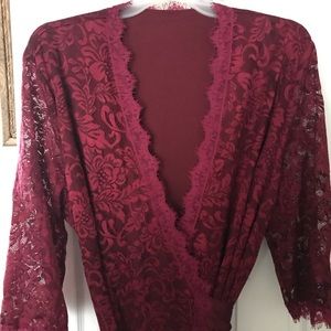 Burgundy wrap dress with lace detail